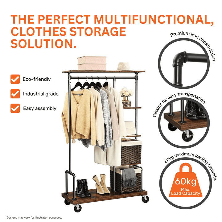 Brown and black metal clothes rack – multi-shelf industrial display with lockable castor wheels for easy movement