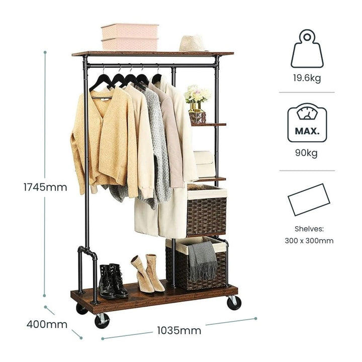 Industrial style clothing rail with wooden shelves and wheels, 1745mm height and 1035mm width, ideal for retail or home storage.