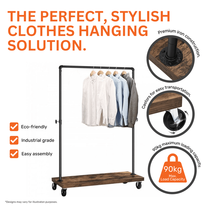 Freestanding garment rail – wheeled industrial design with extra shelf, ideal for retail displays or loft interiors