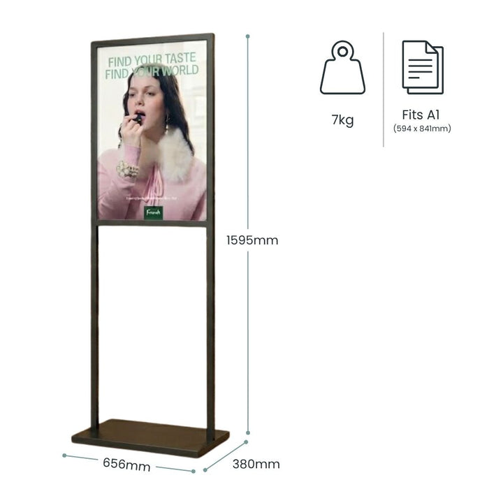 Measured to 1595mm tall, 656mm wide and 380mm deep, weighing 7kg and taking A1 posters at 594 x 841mm.
