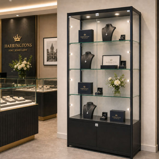 Black Aluminium Lockable Glass Storage Display Cabinet with 3 Adjustable Shelves & 10 LED Lights 1800mm High x 800mm Wide