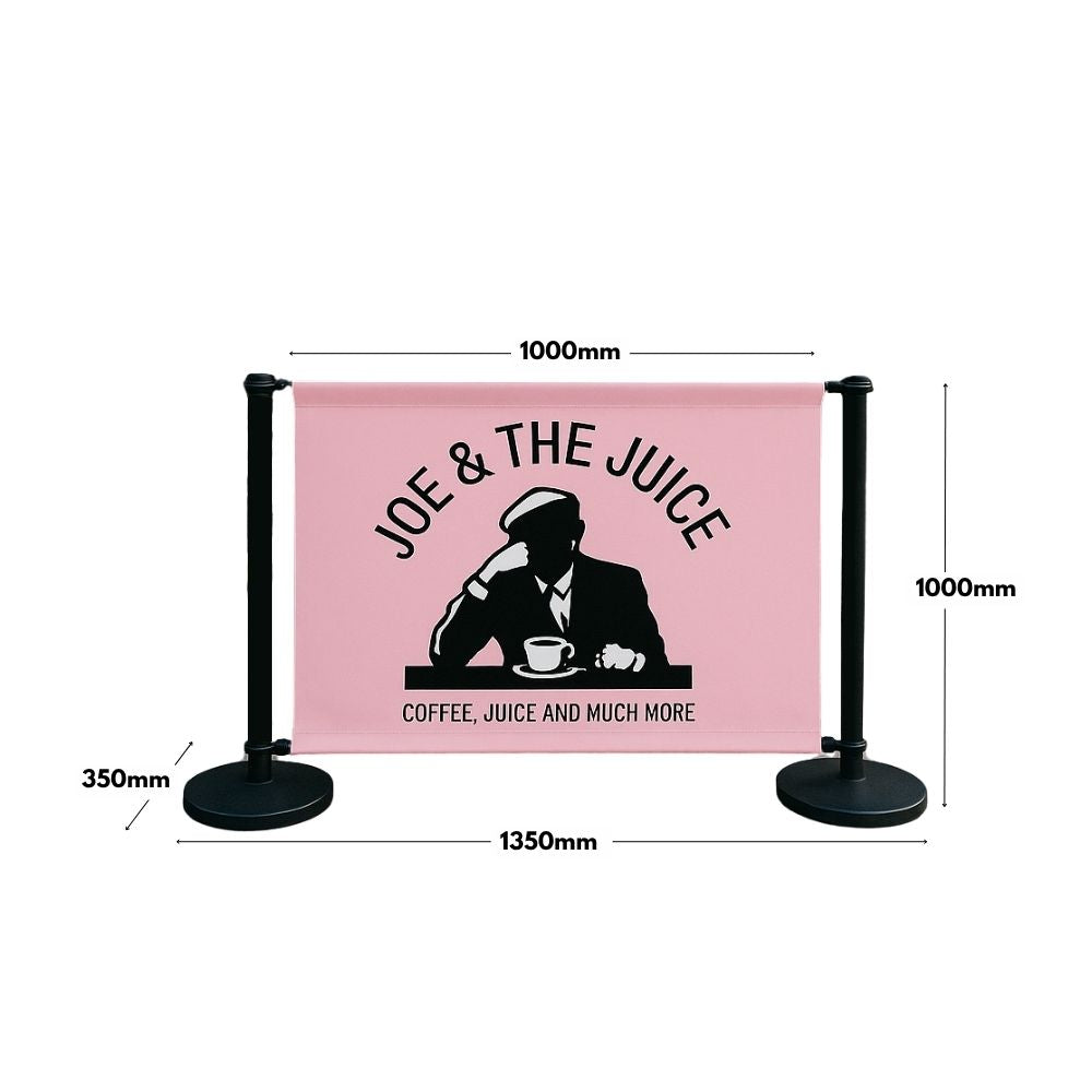 Branded café barrier for Joe & The Juice with dimensions: 1350mm total width, 1000mm height, and 1000mm banner span—perfect for compact outdoor customer zones.

