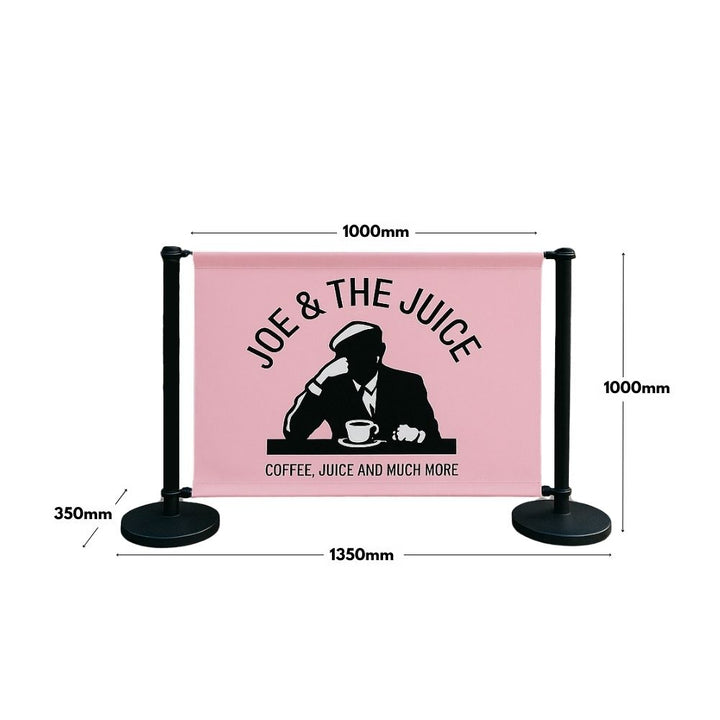 Branded café barrier for Joe & The Juice with dimensions: 1350mm total width, 1000mm height, and 1000mm banner span—perfect for compact outdoor customer zones.

