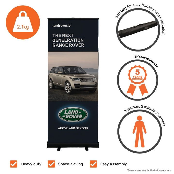 Black Land Rover promotional roller banner with image of a silver Range Rover and text promoting the next generation model, ideal for showroom marketing.


