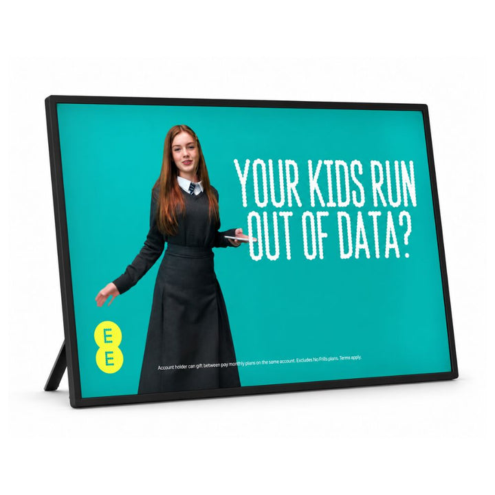 Landscape LED advertising display screen with illuminated promotional graphic, black framed design suitable for retail, exhibitions and point-of-sale marketing.