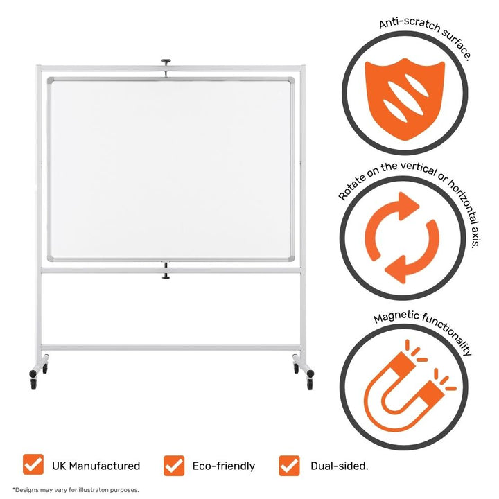Landscape-format mobile whiteboard on a freestanding steel frame with four wheels, ideal for classrooms or conference spaces.

