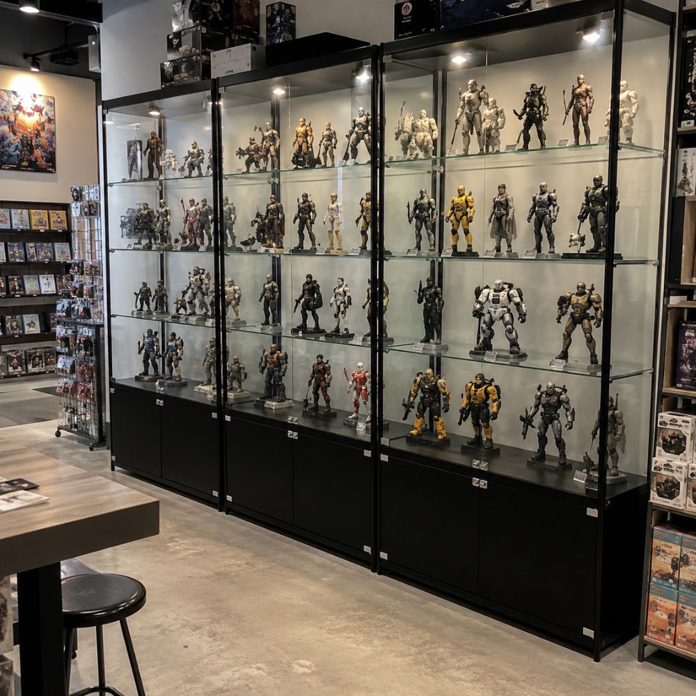 Glass Displaysense display cabinet filled with posed action figures under integrated LED spotlights