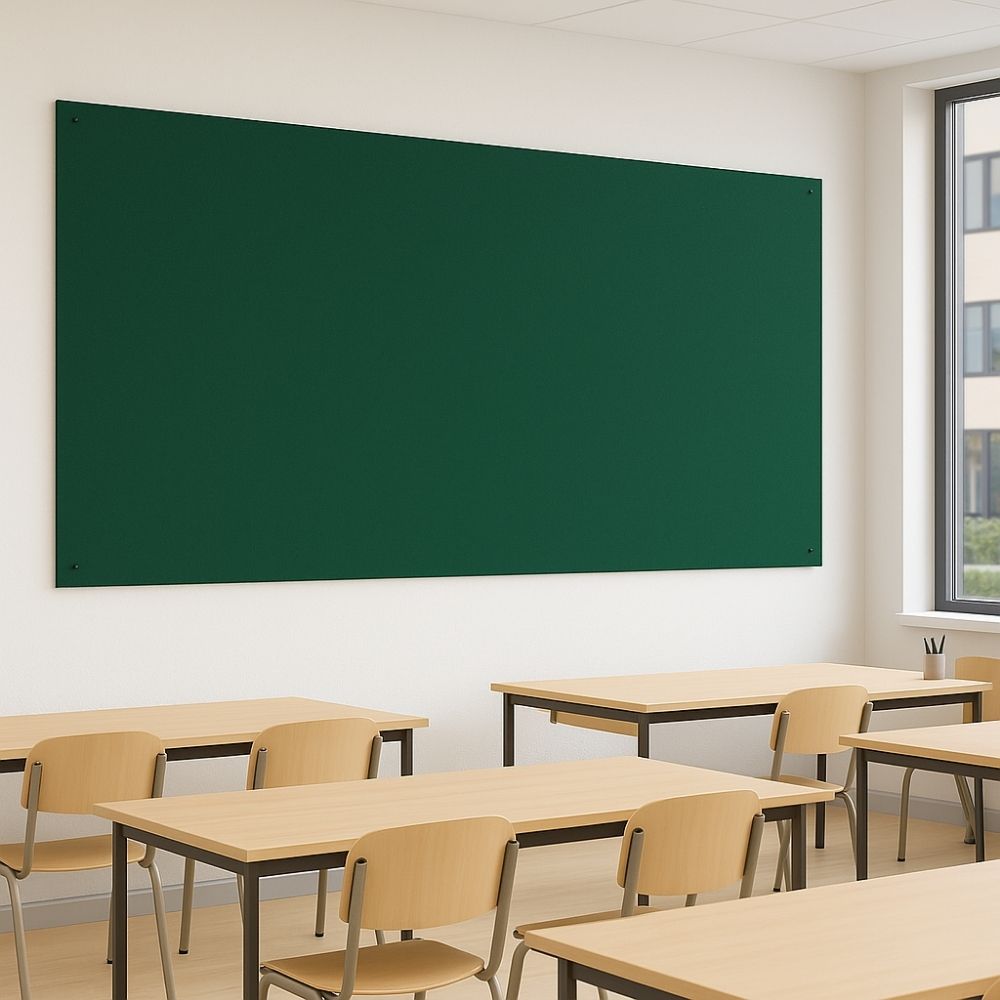 Spacious green fabric noticeboard mounted on a white classroom wall, surrounded by light wooden desks and chairs, with natural light streaming through a large window.