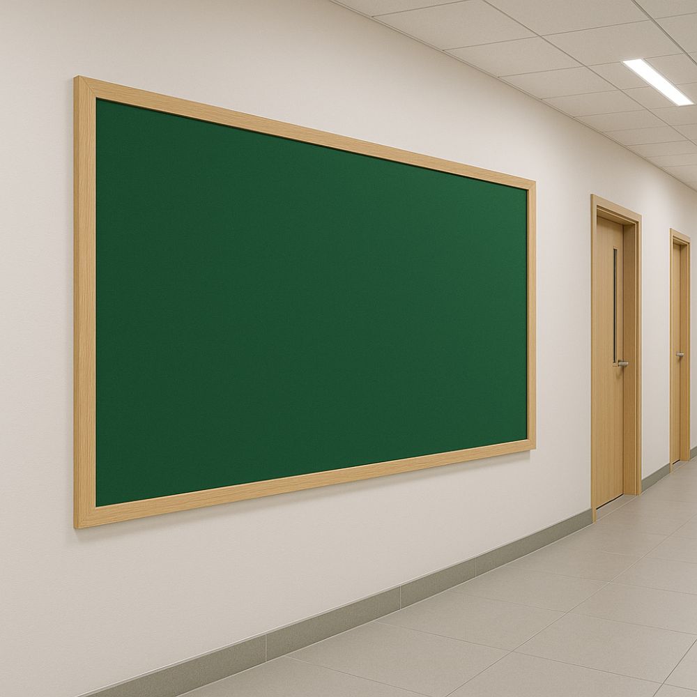 Large green noticeboard with a light wooden frame mounted on the wall of a modern school corridor, situated between classroom doors under ceiling lighting.