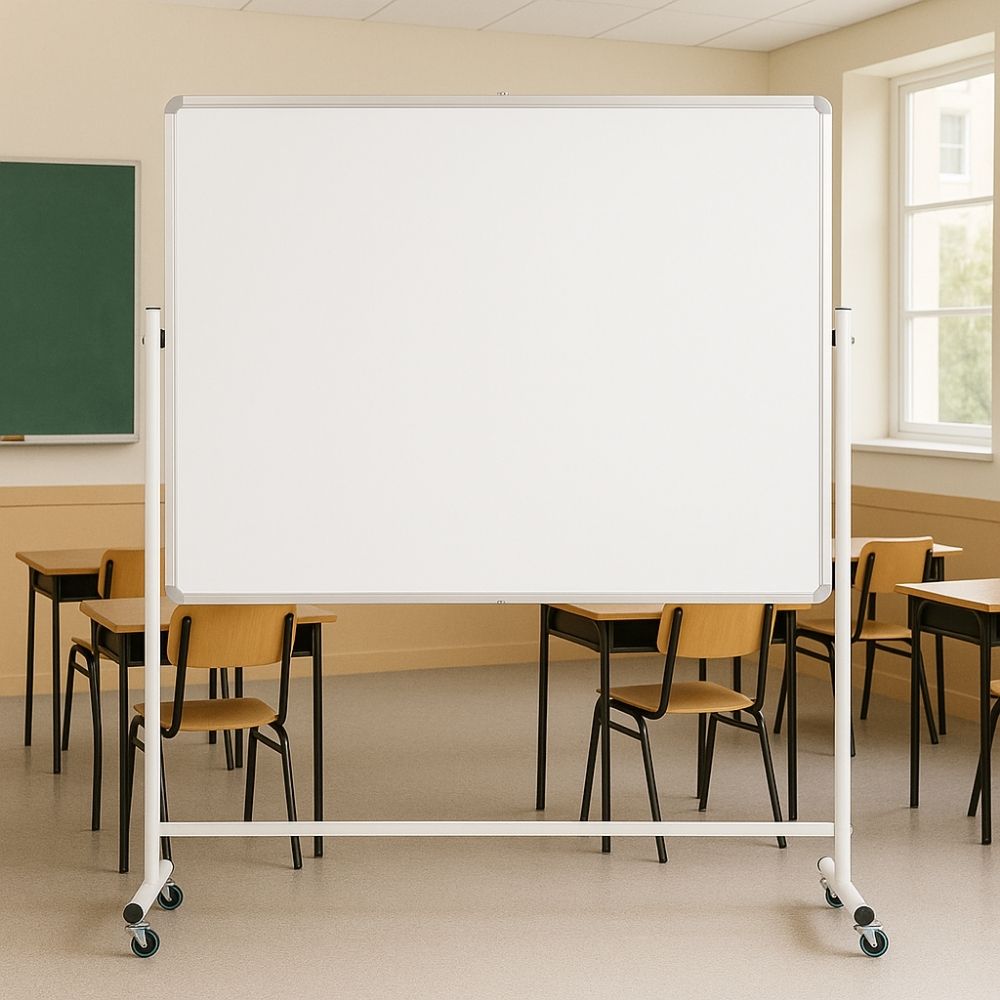 Large mobile whiteboard on wheels in a spacious classroom with natural lighting and wooden desks.

