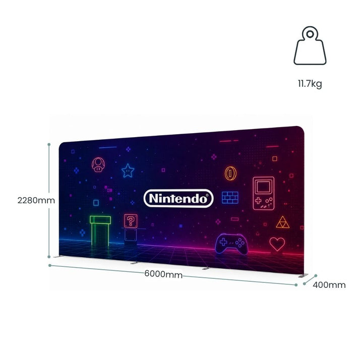 Large Nintendo branded exhibition backdrop display with dimensions, lightweight construction and seamless curved event wall design.