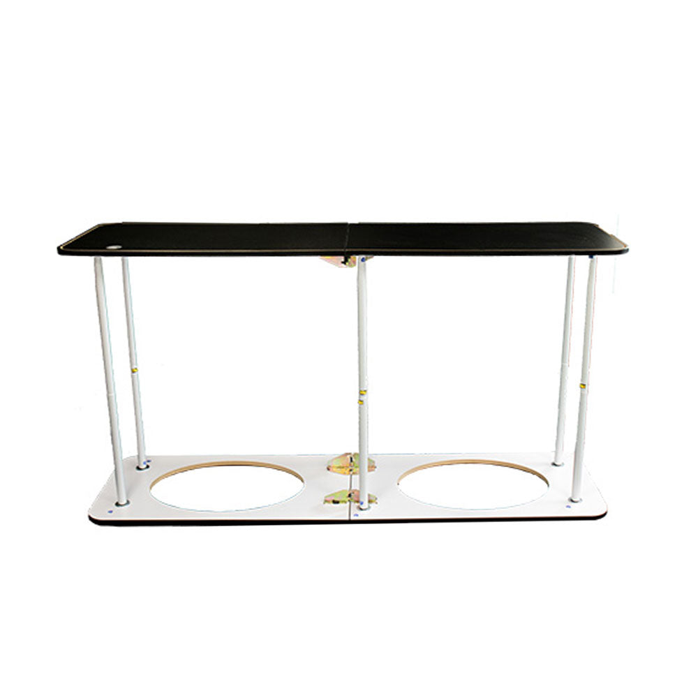 A professional large rectangular exhibition counter with a black wooden top, crafted from high-quality fabric and measuring 1950mm, with included graphic printing for custom branding.
