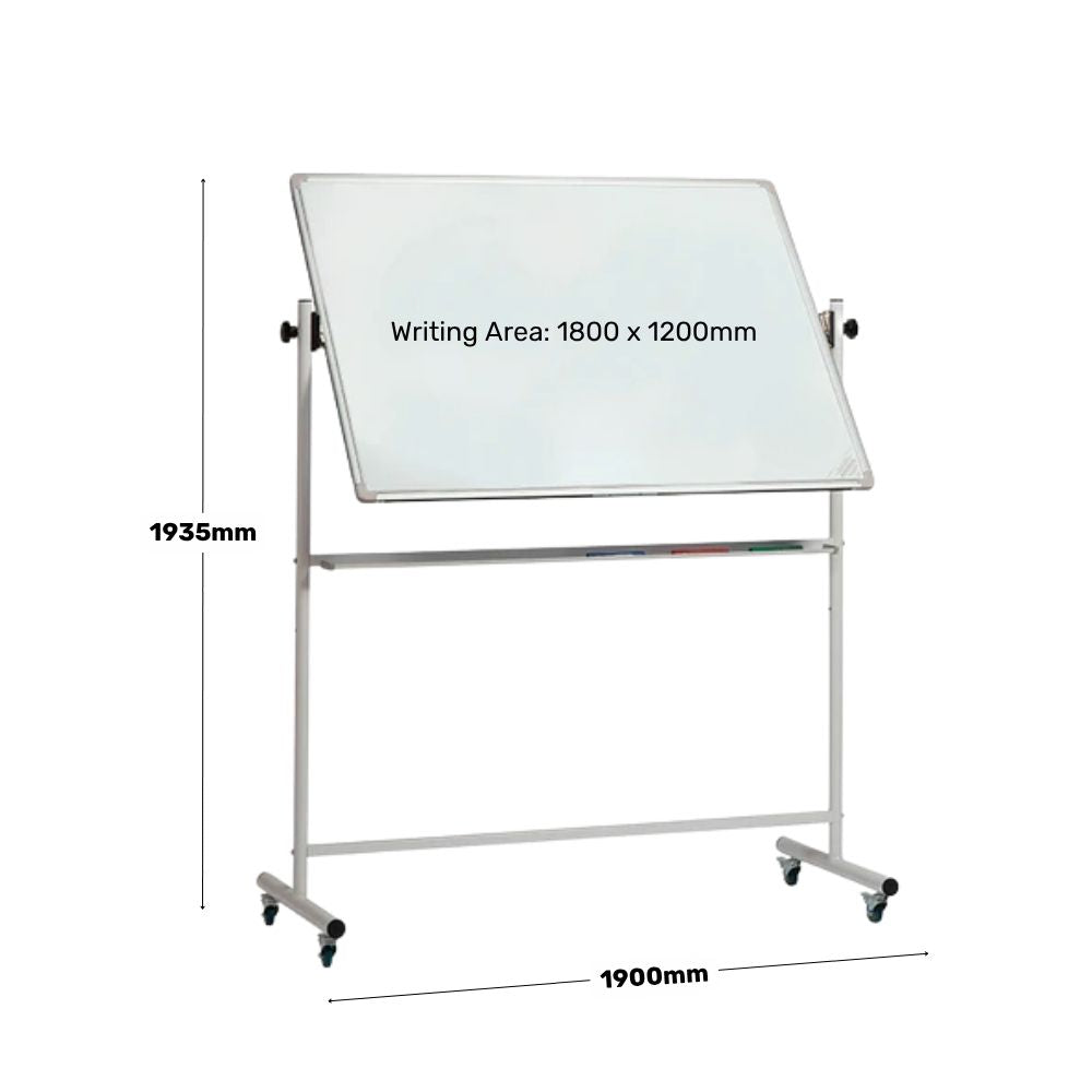 A diagram of a rotating mobile whiteboard on wheels, annotated with its dimensions: 1935mm in height and 1900mm in width, with a writing area of 1800mm x 1200mm. The board is shown tilted for ease of access and mounted within a durable freestanding frame.

