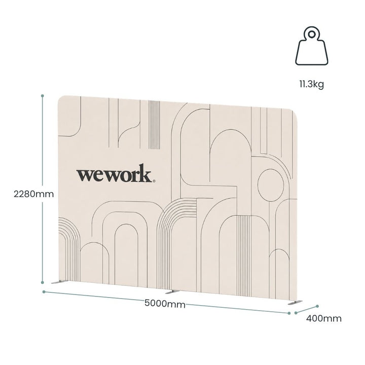 Large WeWork branded backdrop display featuring product dimensions, lightweight construction and seamless exhibition wall design.