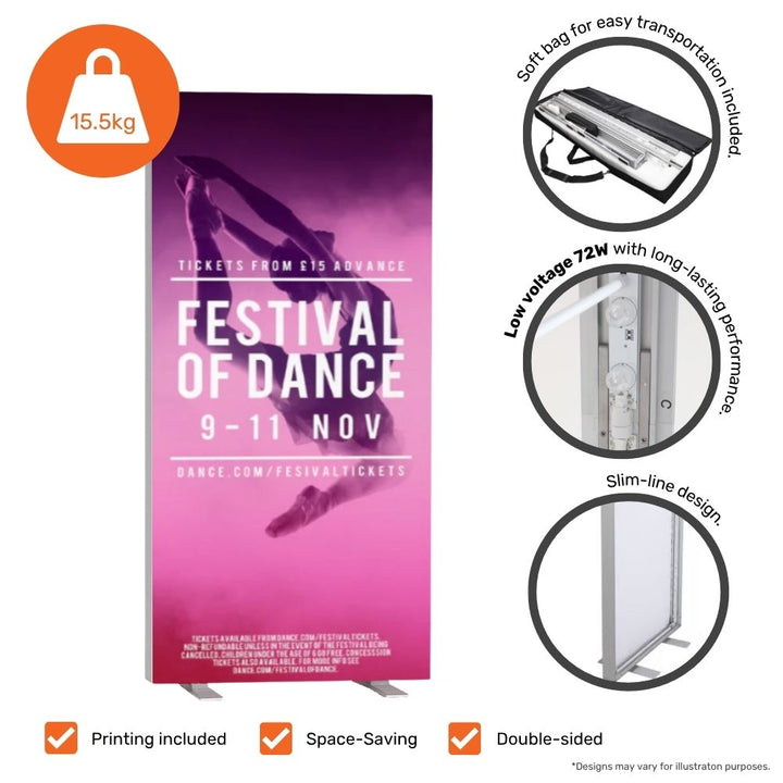 Double-sided 850mm LED lightbox USP: 15.5kg, 72W low-voltage LEDs, soft carry bag and slim-line frame, suited to retail, events and hospitality venues.

