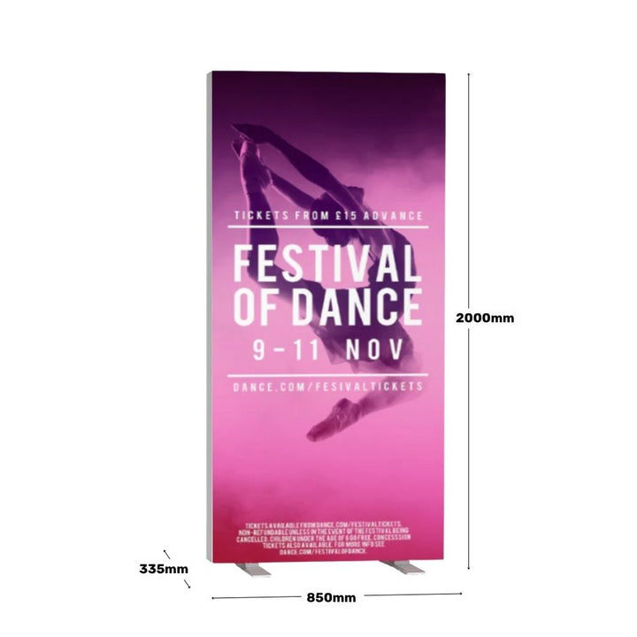 Double-sided LED lightbox measuring 2000mm high, 850mm wide and 335mm deep at the base, with custom backlit double-sided graphic printing included.

