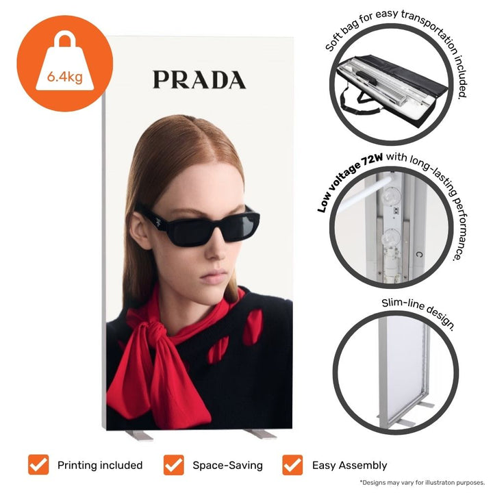 Single-sided 850mm LED lightbox USP: 6.4kg, 72W low-voltage LEDs, soft carry bag and slim-line aluminium frame, for retail, hospitality and exhibition displays.

