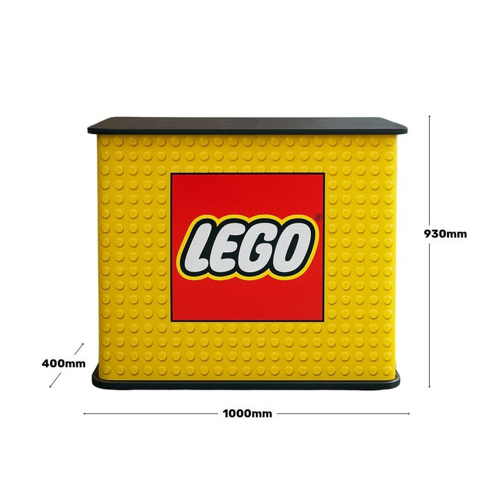 1m rectangular trade show counter – PVC printed stand with interior shelving and reversible wood grain top  