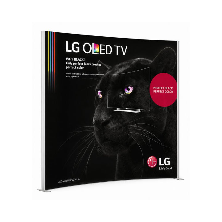 Curved LG OLED TV display stand featuring a black panther graphic with vivid colour contrast and illuminated branding for retail or exhibition use.