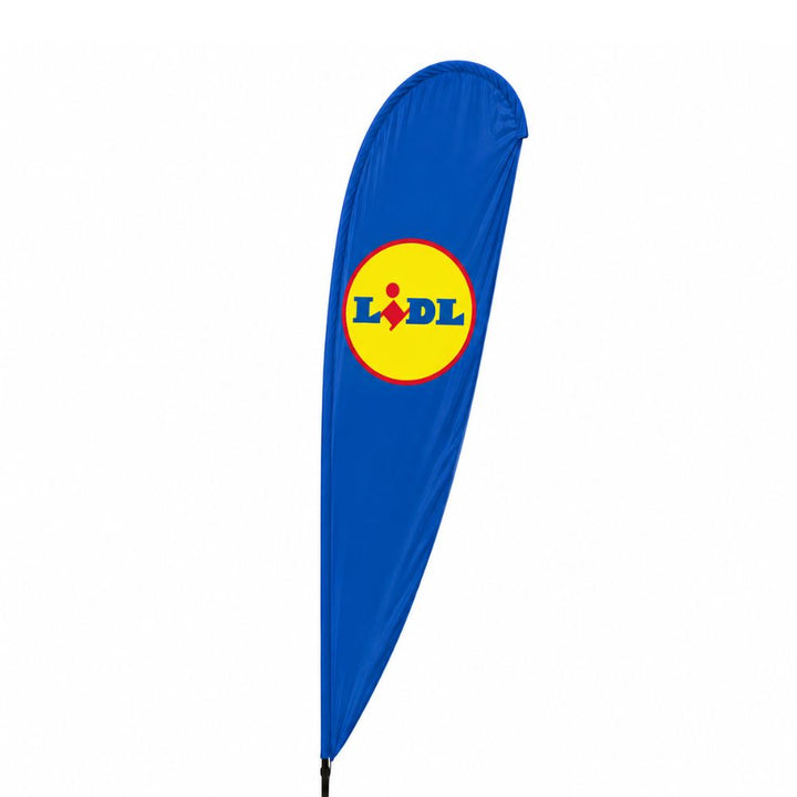 Blue Lidl promotional feather banner with branded logo for outdoor supermarket advertising and retail events.