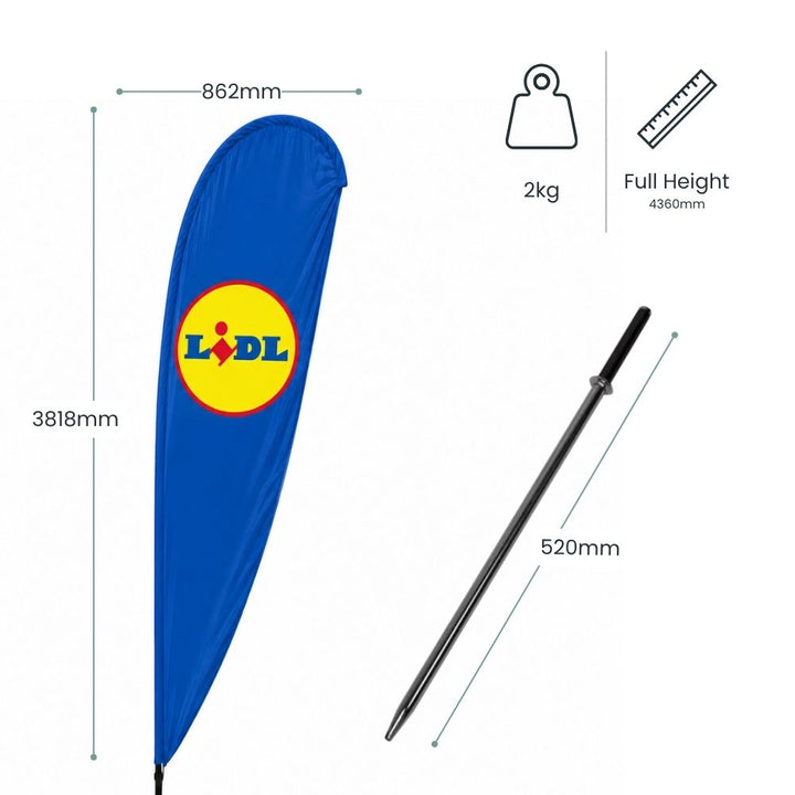 Specification image showing Lidl feather flag dimensions with ground spike base and full 4360mm display height.
