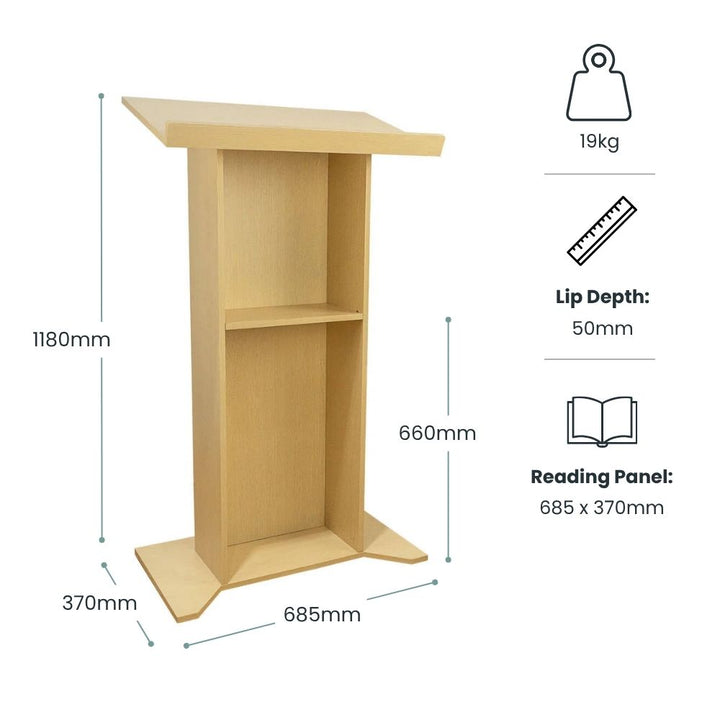 Dimension diagram for a light wood floor-standing lectern: 1180mm high, 685mm wide, 370mm deep, reading panel 685 x 370mm, 50mm lip, 19kg.
