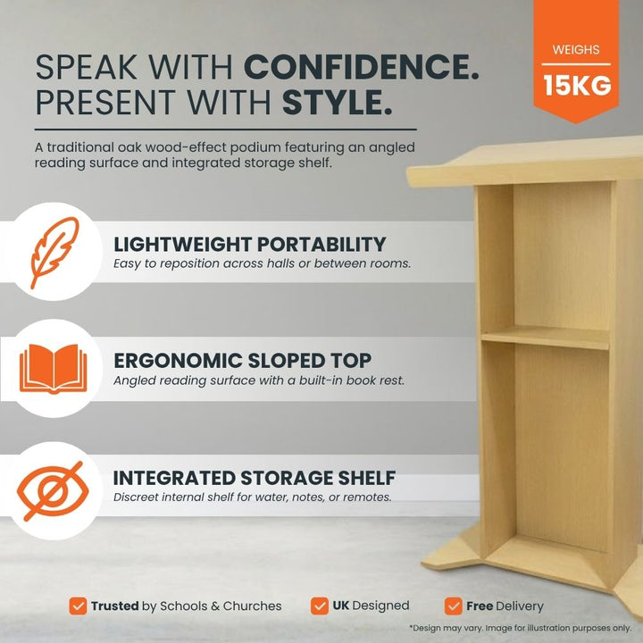 Feature panel for a light wood lectern: 15kg portable, sloped reading surface with book rest and discreet integrated storage shelf for notes and remotes.
