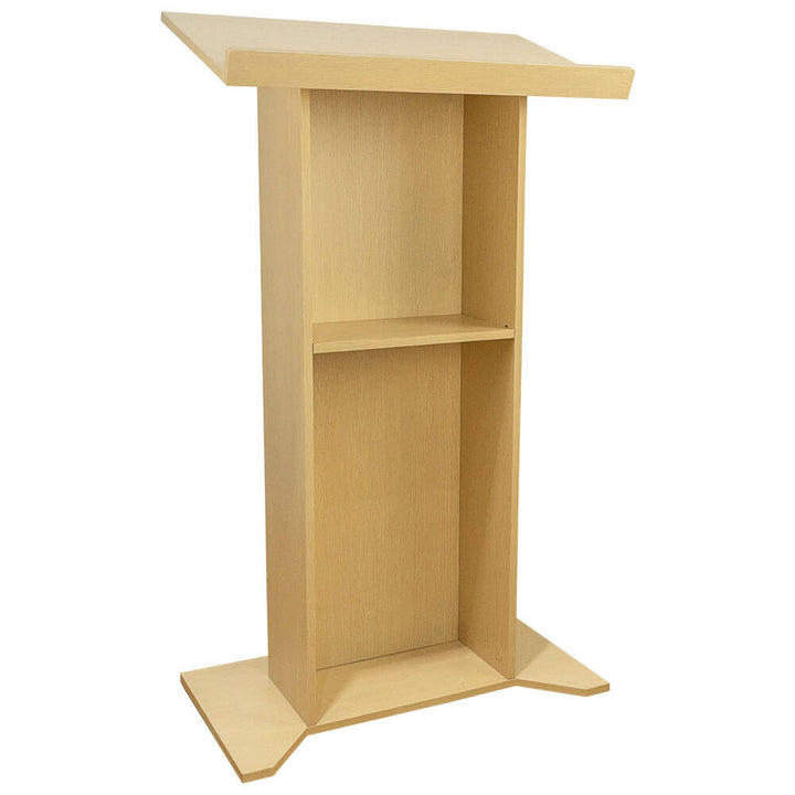 Rear view of a light wood floor-standing lectern showing the integrated storage shelf, open back construction and cross-shaped base.
