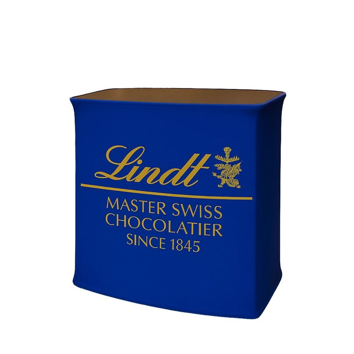 Square 800mm fabric promo counter – black wood top with full print for expos, product launches, and branded events  