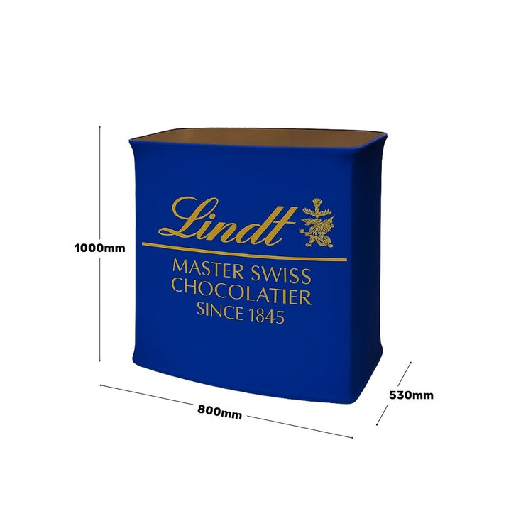 Exhibition display cube – 800mm square fabric counter with black top for compact trade show and sampling stations  