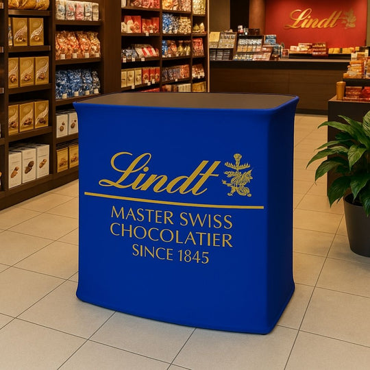 Square Fabric Exhibition Counter with Black Wooden Countertop inc. Graphic Printing Service - 800mm