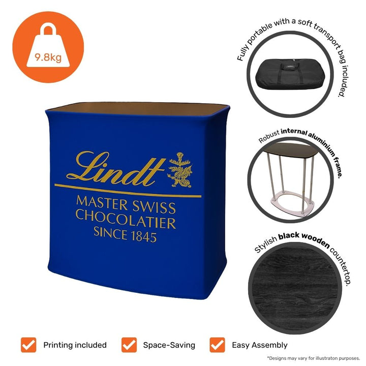 Printed 800mm square display stand – fabric exhibition counter with black wooden surface for marketing activations  