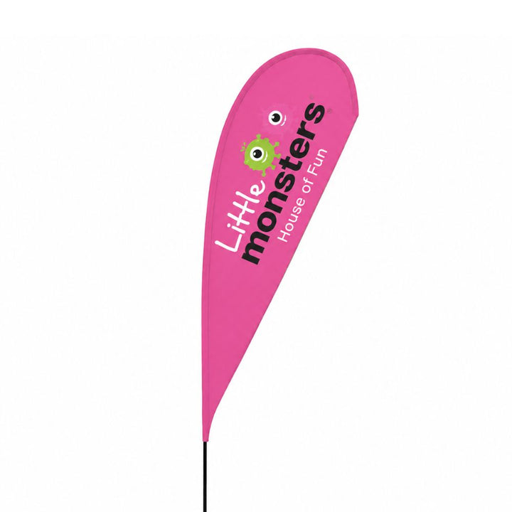 Bright pink Little Monsters House of Fun teardrop banner with playful branding and cartoon monster graphics for children’s entertainment venues and soft play centres.