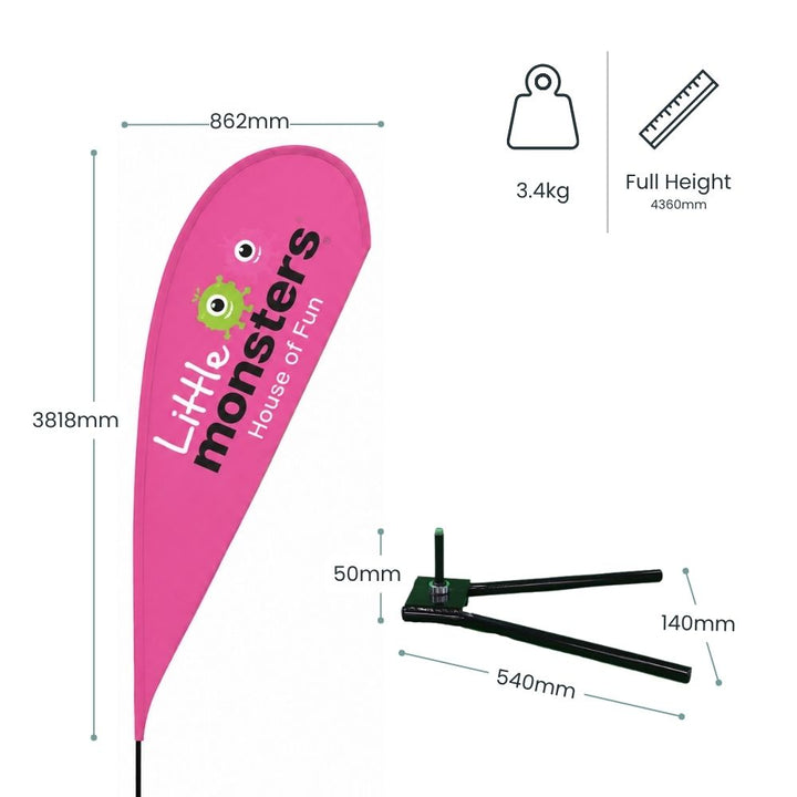 Technical specification image showing Little Monsters House of Fun teardrop flag dimensions with outdoor ground spike base and 4360mm full display height for family attraction promotions.