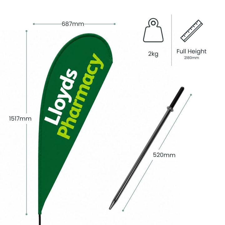 Green Lloyds Pharmacy teardrop banner with bold white and lime branding for healthcare promotions, pharmacy forecourts and outdoor marketing displays.