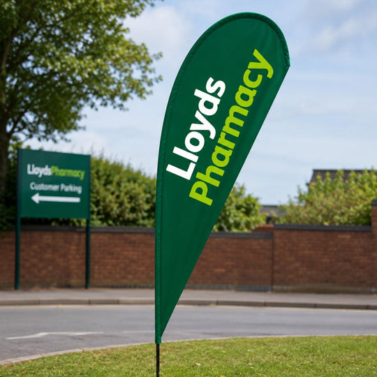 Double-Sided Glass Fibre Teardrop Flag with Ground Spike Base inc. Graphic Printing - 2.2m