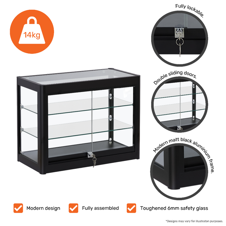 Lockable countertop display – black aluminium showcase with sliding glass door and dual shelf layout