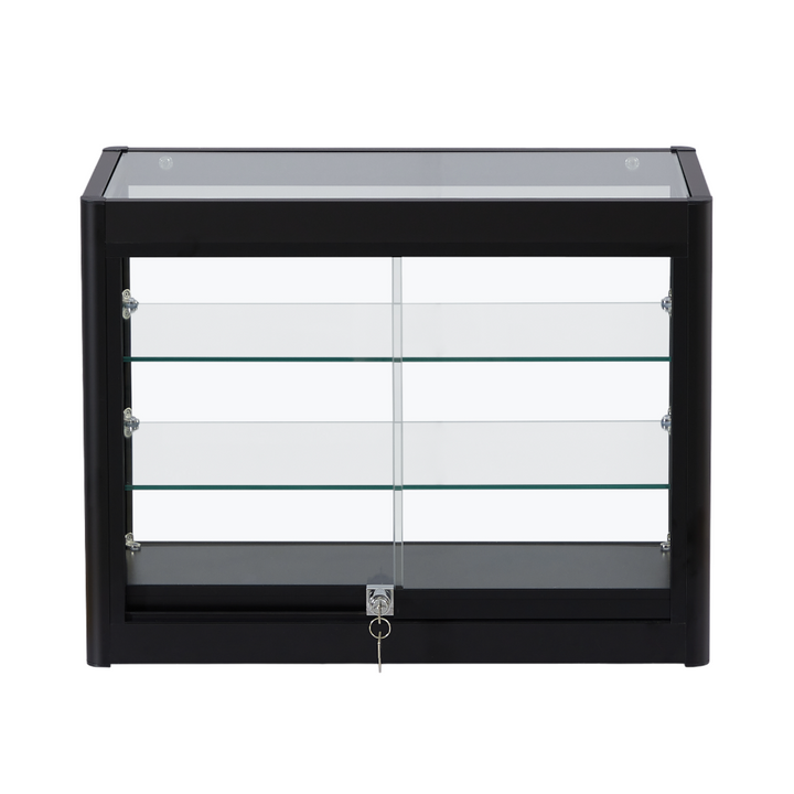 Retail display unit – black aluminium and glass countertop cabinet with sliding door and two internal shelves