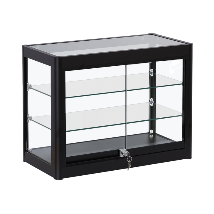 Compact black glass showcase – aluminium frame, 2 shelves and secure sliding access for commercial counter use