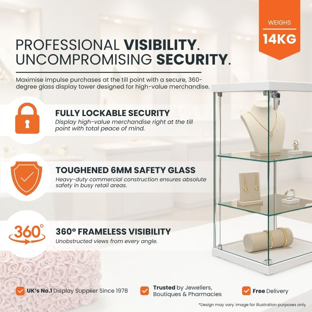 White Glass Panoramic Countertop Lockable Tower Cabinet | Displaysense