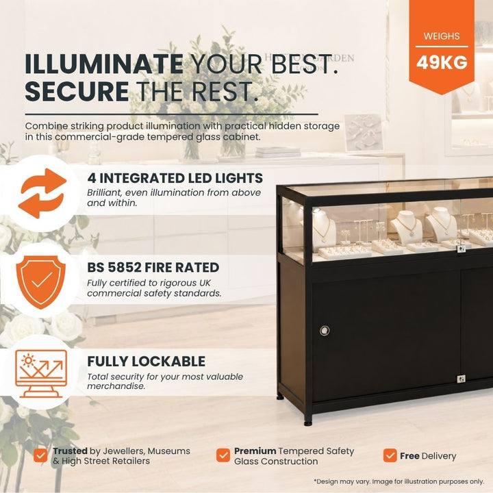 black-lockable-glass-display-counter-with-led-lighting-and-fire-rated-construction-for-jewellery-and-retail-displays-49kg