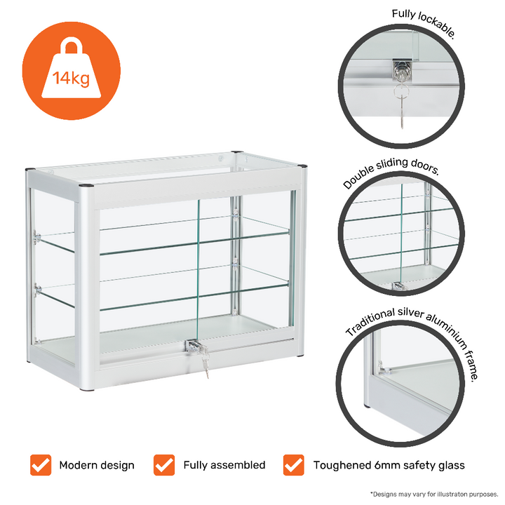 Lockable silver display cabinet – aluminium framed countertop unit with glass shelves and sliding access