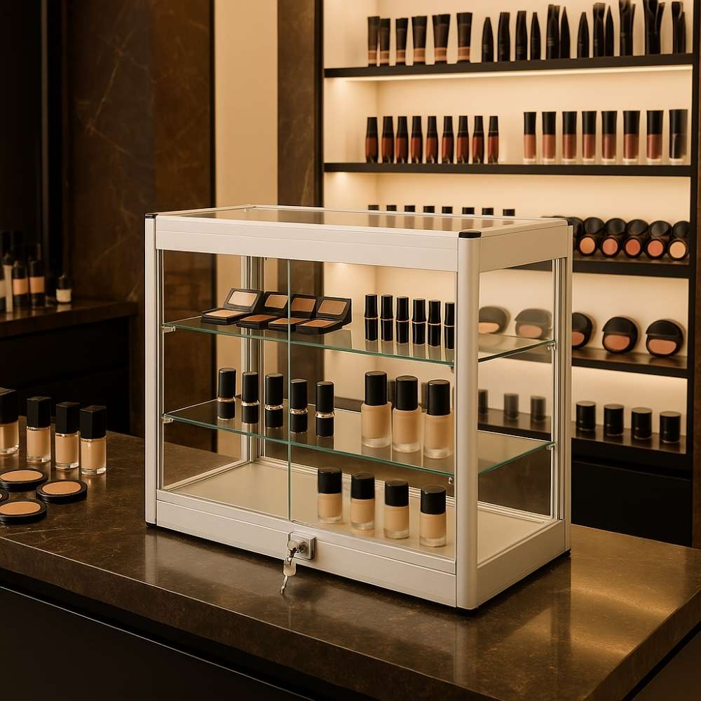 Lockable Silver Aluminium Glass Counter Top Display Cabinet – 2 Shelves & Sliding Door