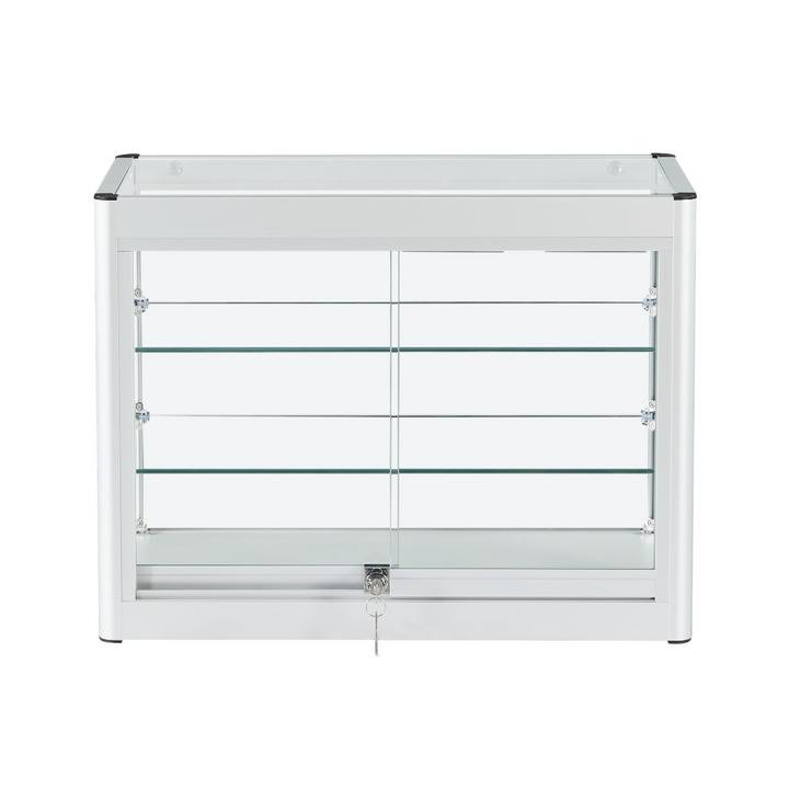 Silver aluminium showcase – compact countertop display cabinet with sliding door and two repositionable shelves