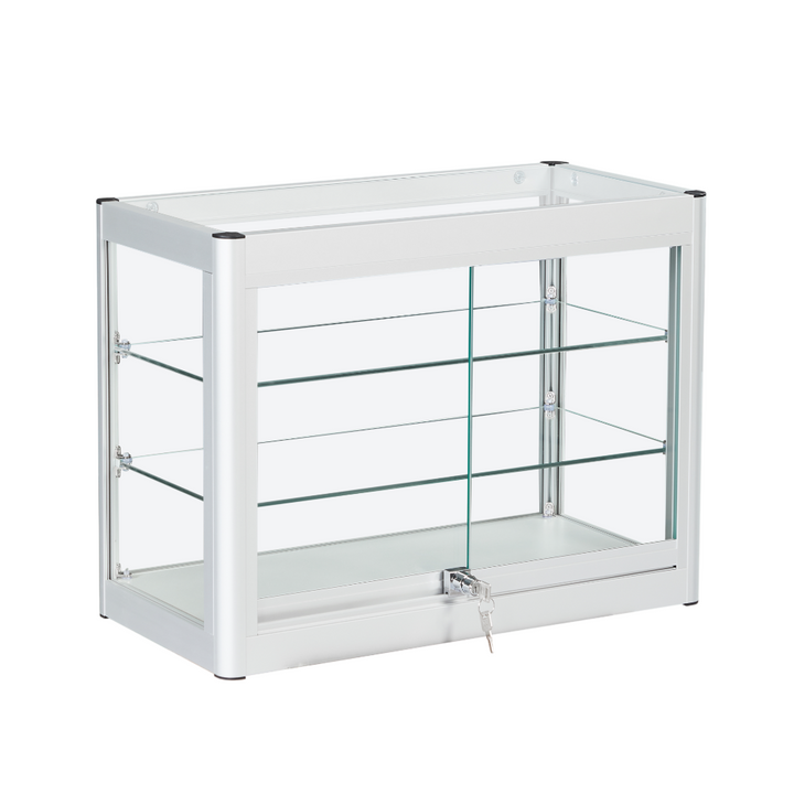 Glass counter display in silver – 2-shelf aluminium cabinet with sliding lockable door for product showcasing