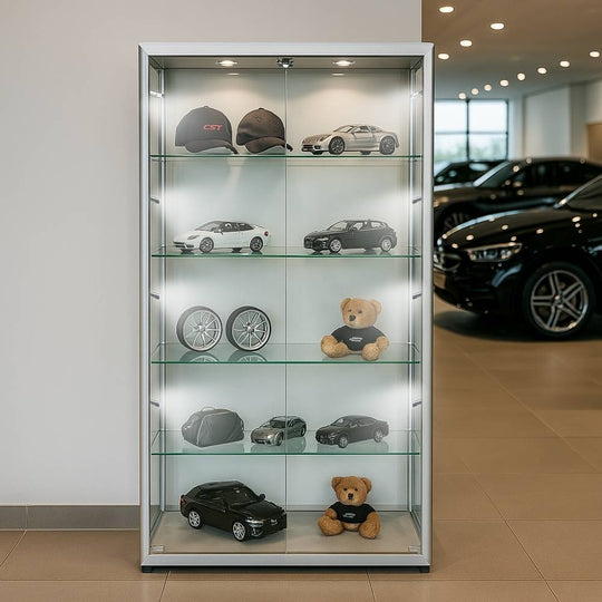 Lockable Silver Aluminium & Glass Display Cabinet: 1800mm High x 1000mm Wide with 4 Adjustable Shelves and 10 LED Lights I