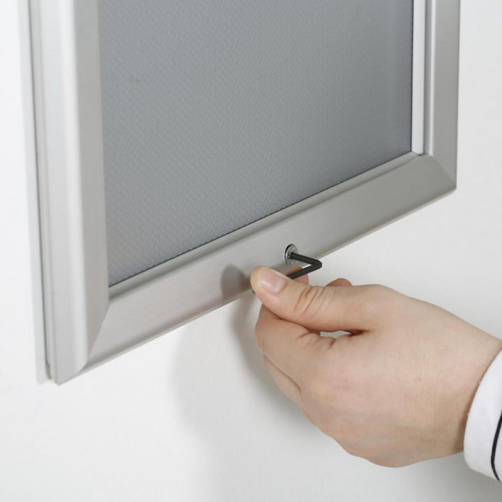 A2 lockable wall poster frame – silver 32mm mitred design for offices, retail and institutional display