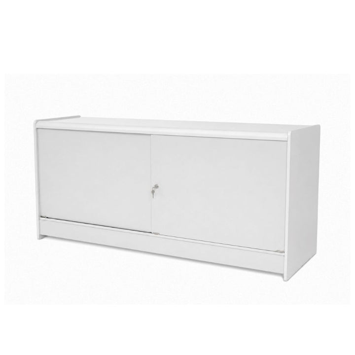 Rear product view of a white glass retail counter with lockable solid sliding doors, designed to keep stock and retail essentials secure behind the display area while maintaining a tidy checkout, sales counter or shop floor merchandising setup.