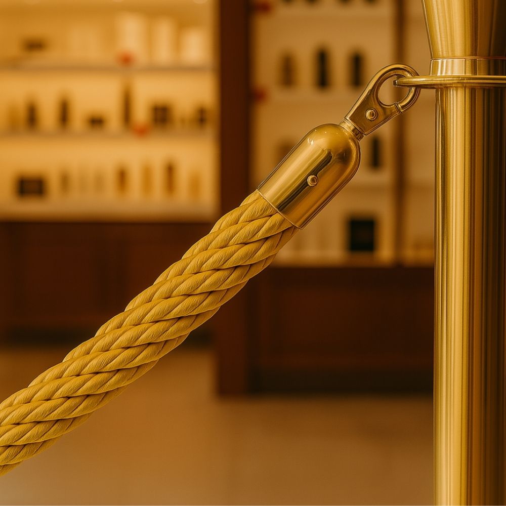 A 1.8-metre luxury gold braided barrier rope with elegant brass snap clip ends, ideal for VIP events, exhibitions, and exclusive venues.