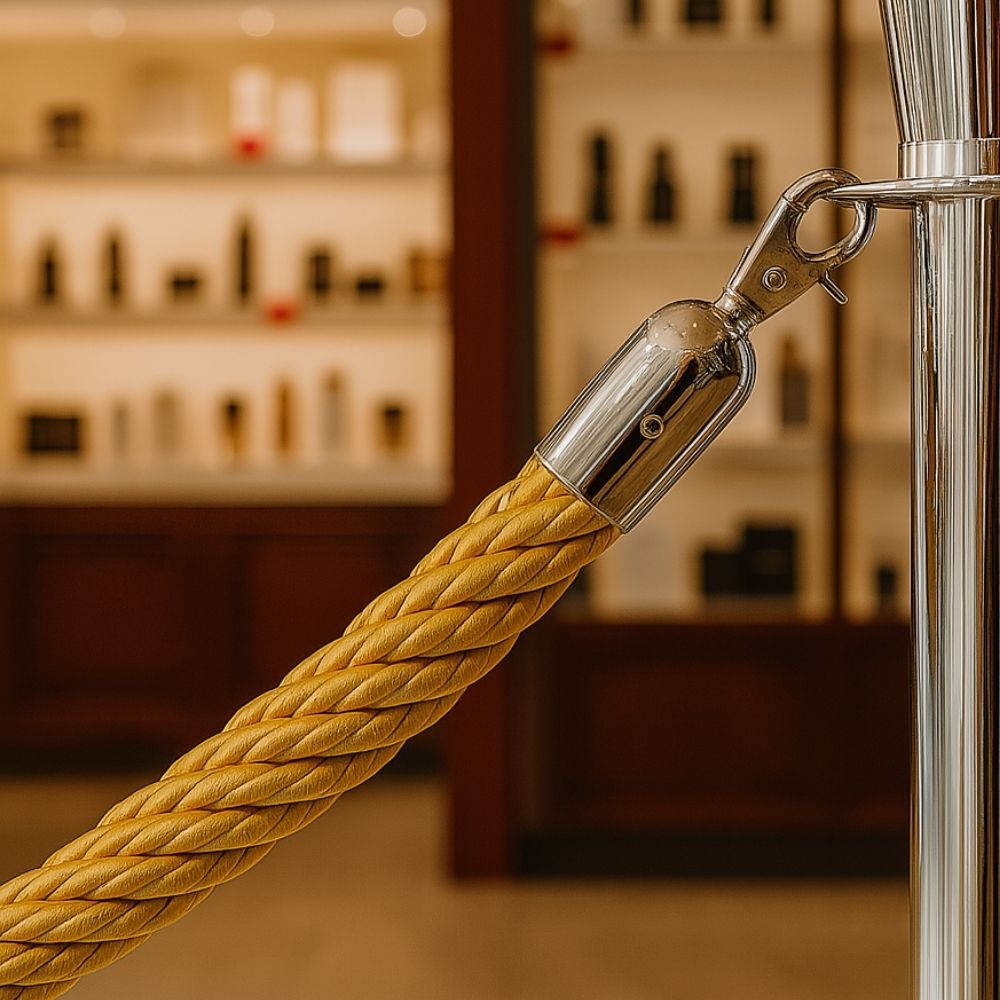 A 1.8-metre luxury gold braided barrier rope with chrome snap clip ends, designed for premium crowd control and event queue management.